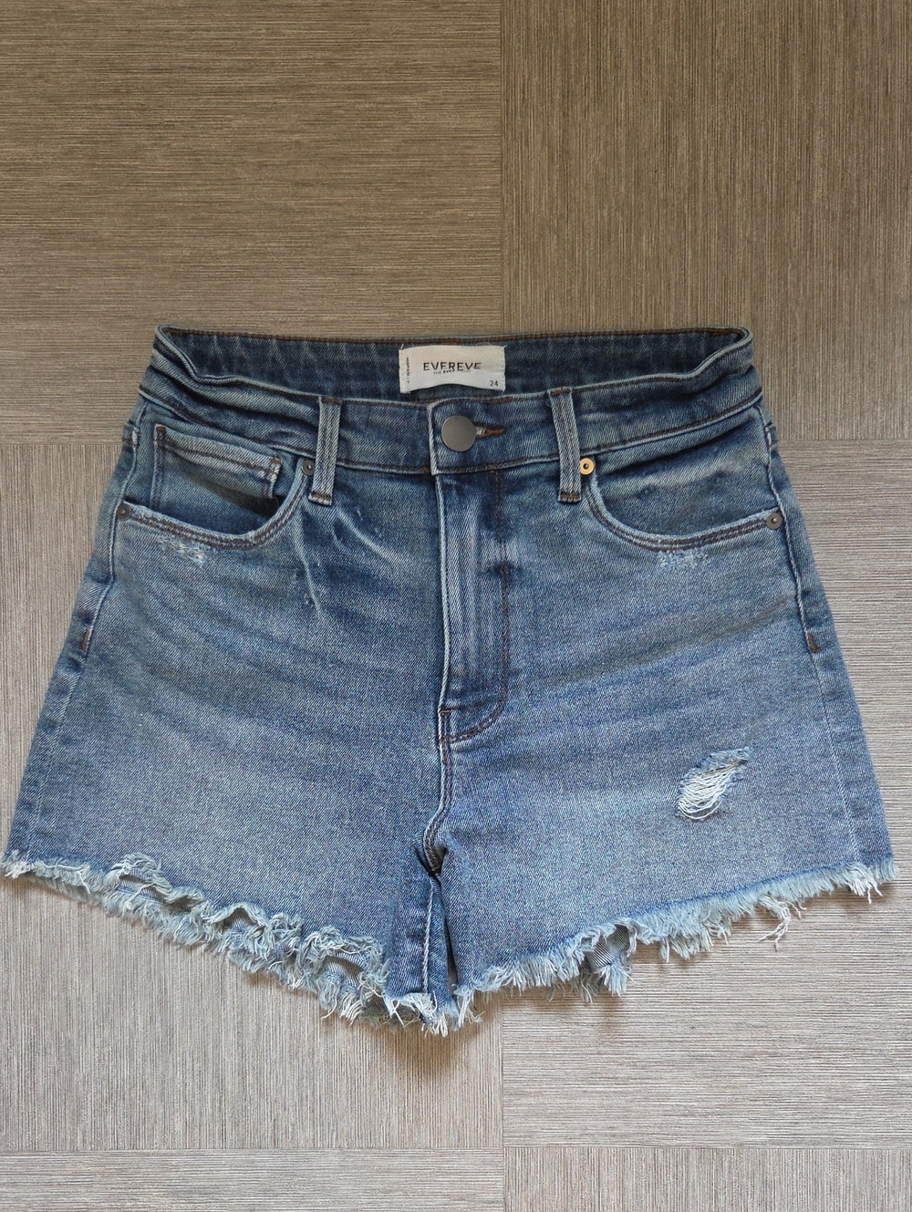 Evereve Medium Blue Distressed Frayed Hem Denim Shorts